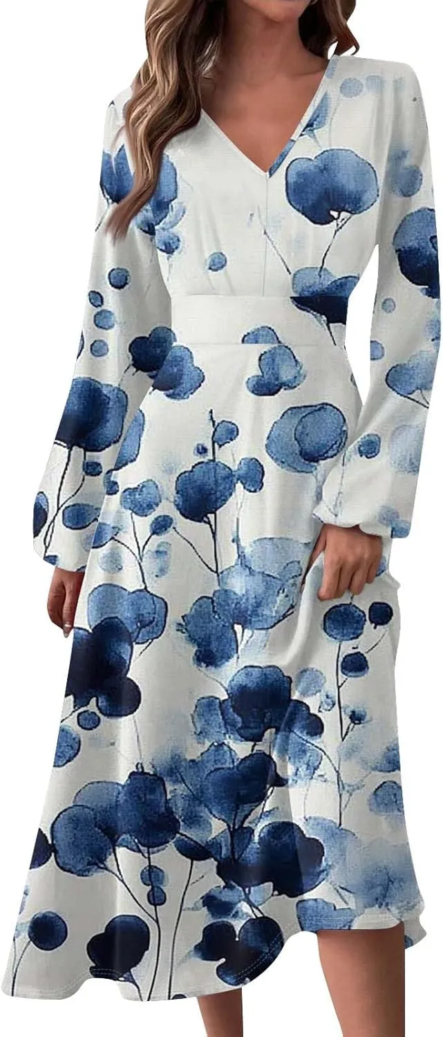 Women's Spring Beach Loose Long Sleeve Floral Print Dress Fashion V Neck Long Dresses