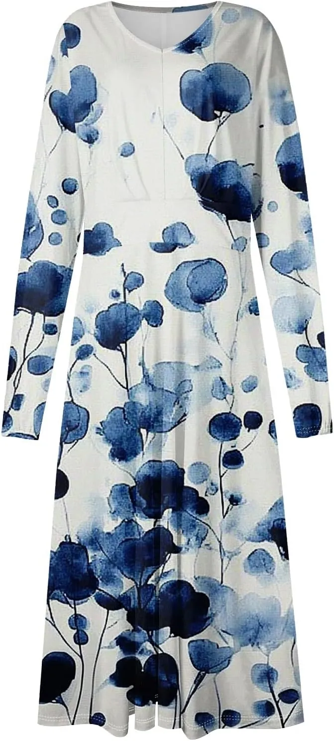 Women's Spring Beach Loose Long Sleeve Floral Print Dress Fashion V Neck Long Dresses