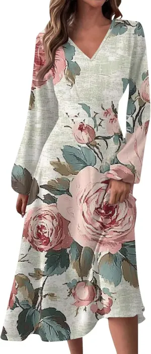 Women's Spring Beach Loose Long Sleeve Floral Print Dress Fashion V Neck Long Dresses
