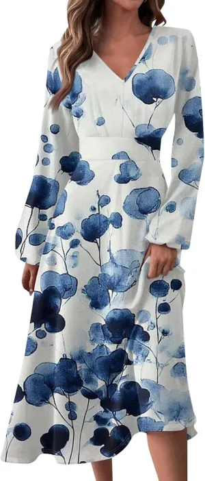 Women's Spring Beach Loose Long Sleeve Floral Print Dress Fashion V Neck Long Dresses