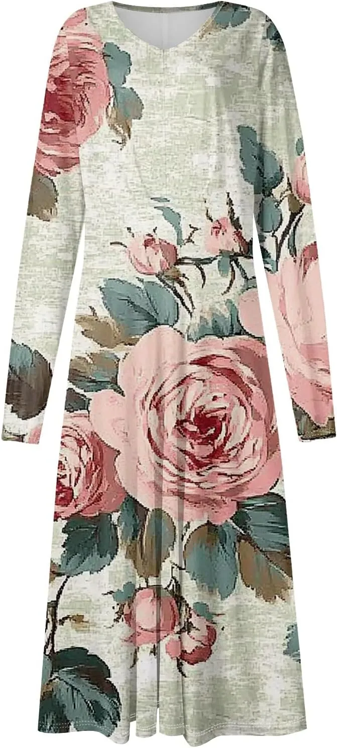 Women's Spring Beach Loose Long Sleeve Floral Print Dress Fashion V Neck Long Dresses
