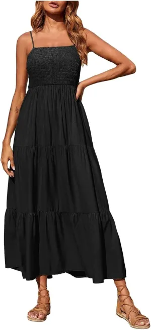 Women's Spring Dress Sleeveless Strapless Halter 2024 Casual Loose Solid Color Printed Maxi Dresses, S-3XL