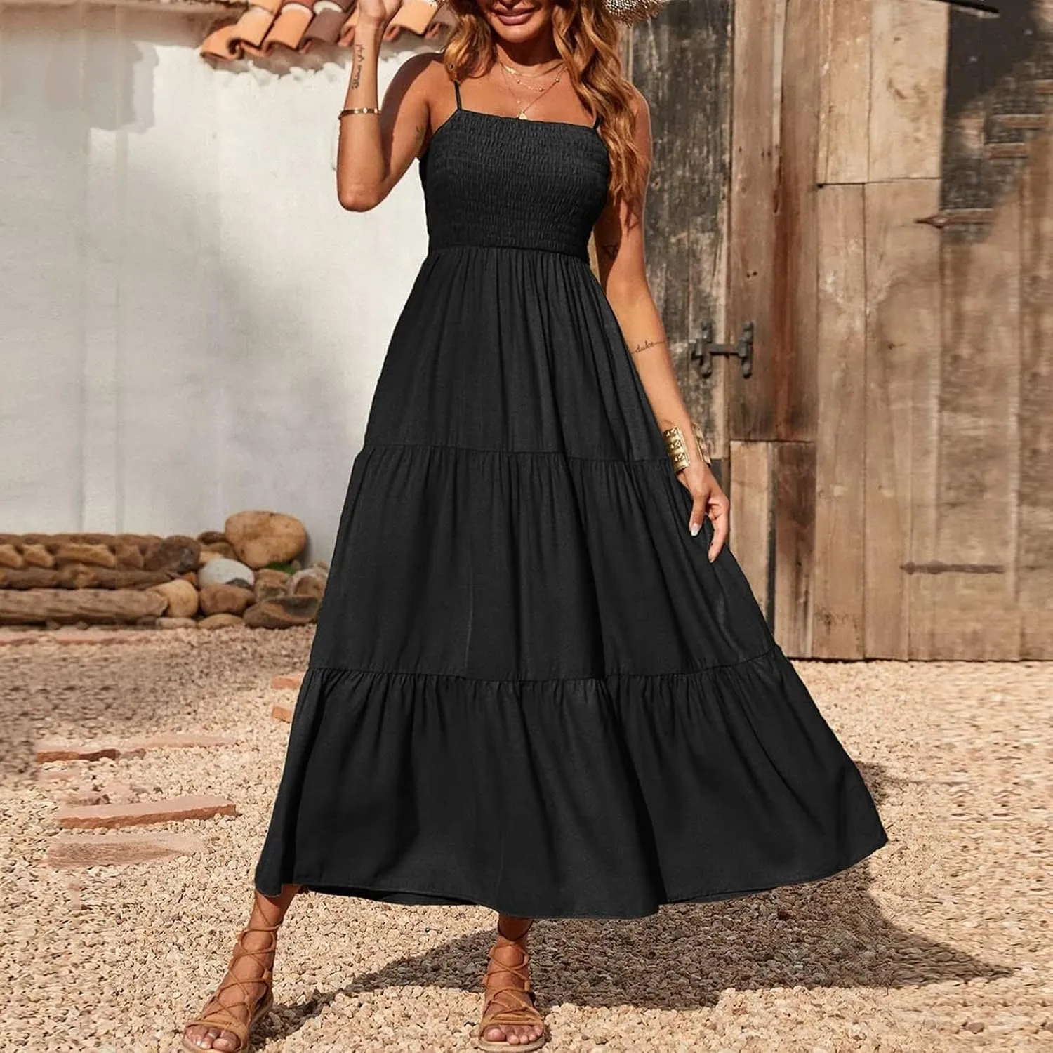Women's Spring Dress Sleeveless Strapless Halter 2024 Casual Loose Solid Color Printed Maxi Dresses, S-3XL