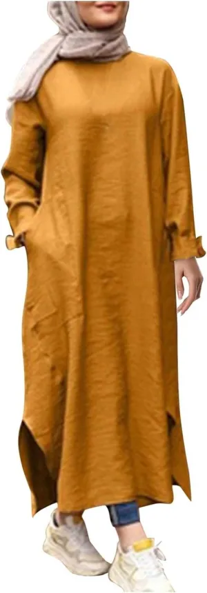 Women's Spring Dresses 2025 Summer Casual Trendy Loose Long Sleeve Crew Neck Solid Maxi Muslim Dresses, S-XL