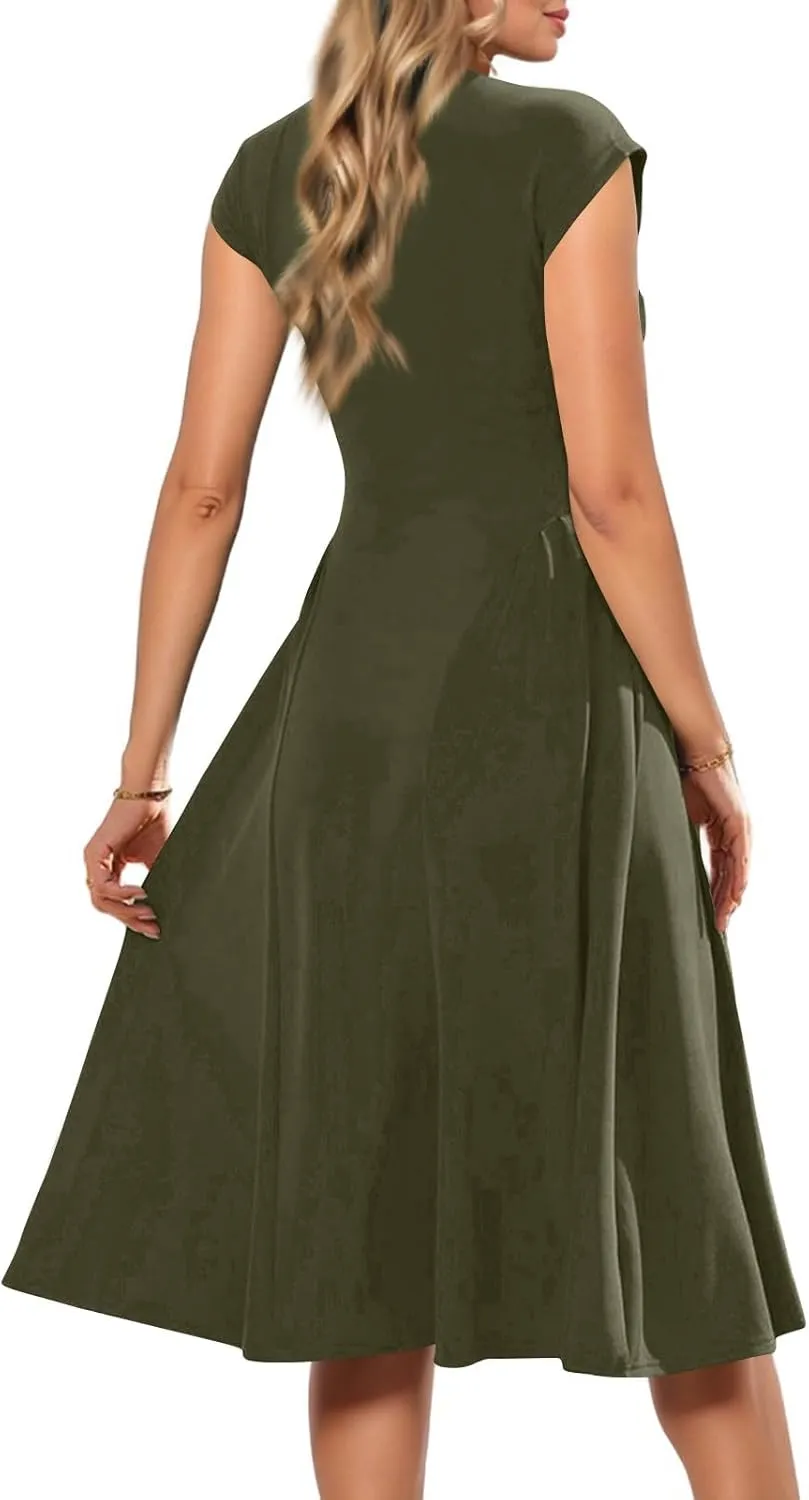 Women's Spring Dresses 2025 V Neck Cap Sleeve Solid Color Ruffle Boho Flowy Midi Beach Party Sundress Casual
