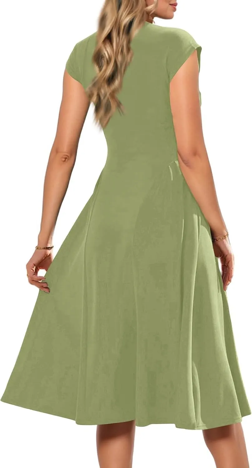 Women's Spring Dresses 2025 V Neck Cap Sleeve Solid Color Ruffle Boho Flowy Midi Beach Party Sundress Casual