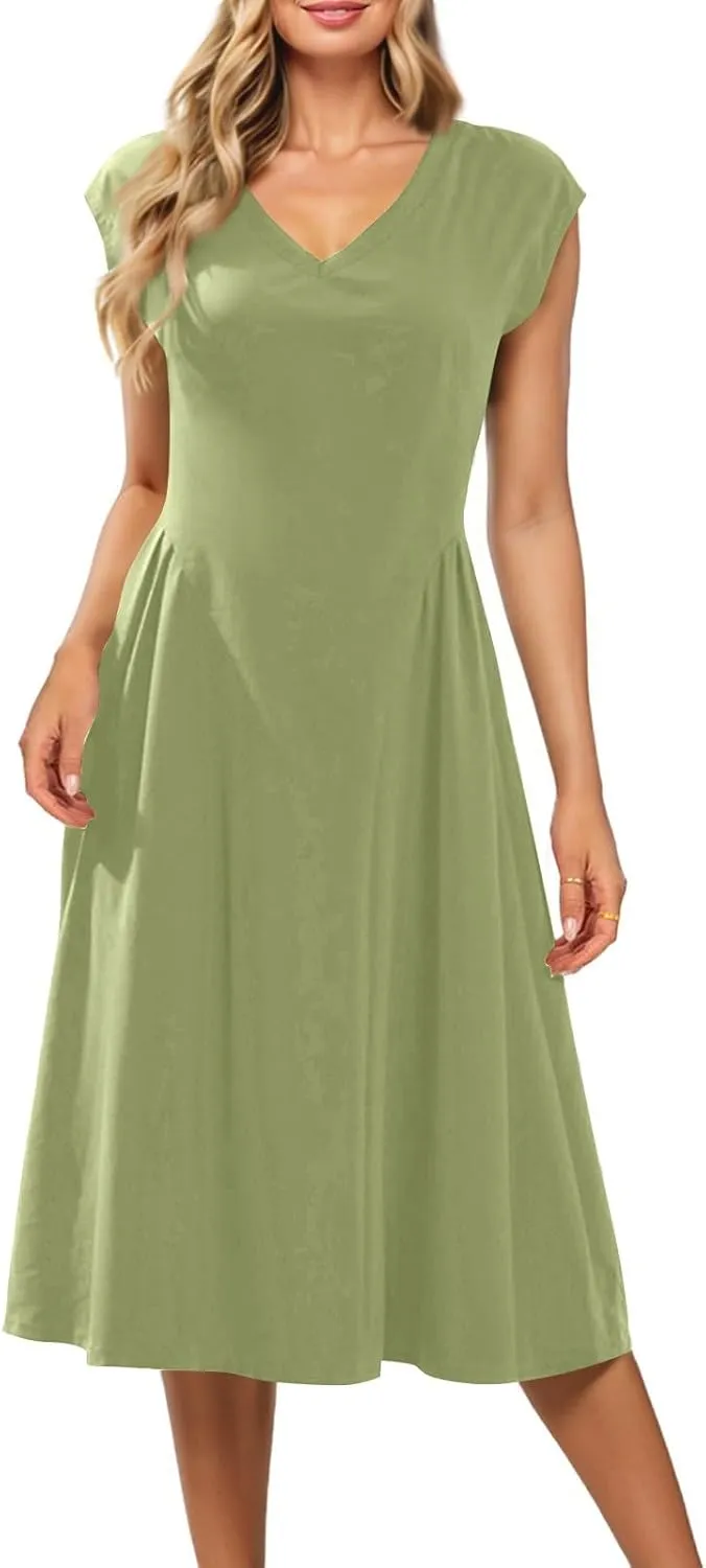Women's Spring Dresses 2025 V Neck Cap Sleeve Solid Color Ruffle Boho Flowy Midi Beach Party Sundress Casual