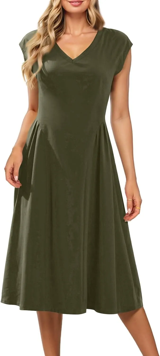 Women's Spring Dresses 2025 V Neck Cap Sleeve Solid Color Ruffle Boho Flowy Midi Beach Party Sundress Casual