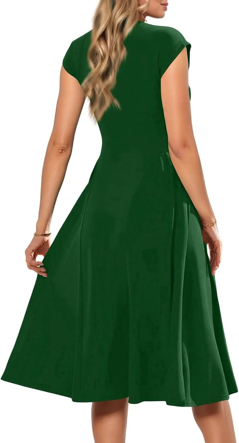 Women's Spring Dresses 2025 V Neck Cap Sleeve Solid Color Ruffle Boho Flowy Midi Beach Party Sundress Casual