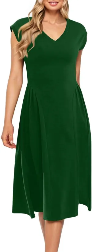 Women's Spring Dresses 2025 V Neck Cap Sleeve Solid Color Ruffle Boho Flowy Midi Beach Party Sundress Casual
