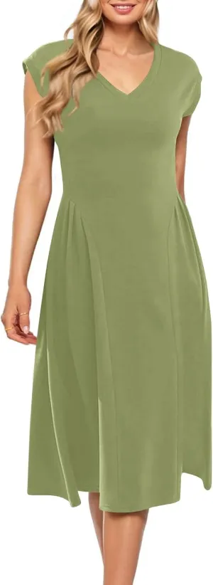 Women's Spring Dresses 2025 V Neck Cap Sleeve Solid Color Ruffle Boho Flowy Midi Beach Party Sundress Casual
