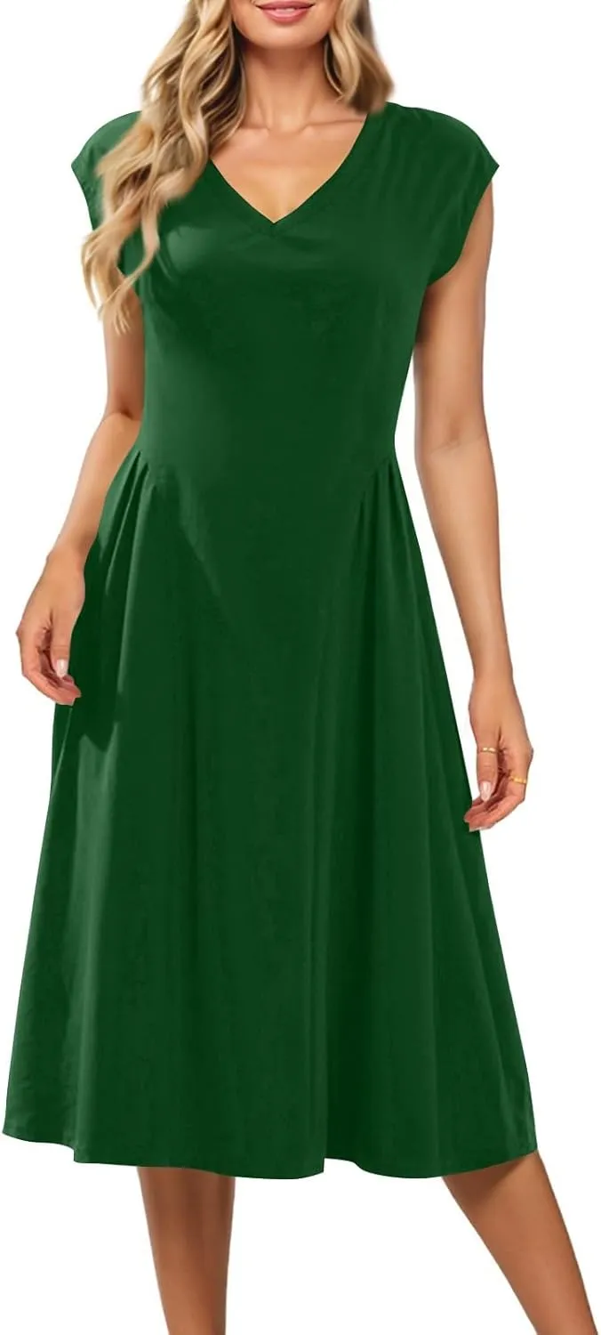 Women's Spring Dresses 2025 V Neck Cap Sleeve Solid Color Ruffle Boho Flowy Midi Beach Party Sundress Casual