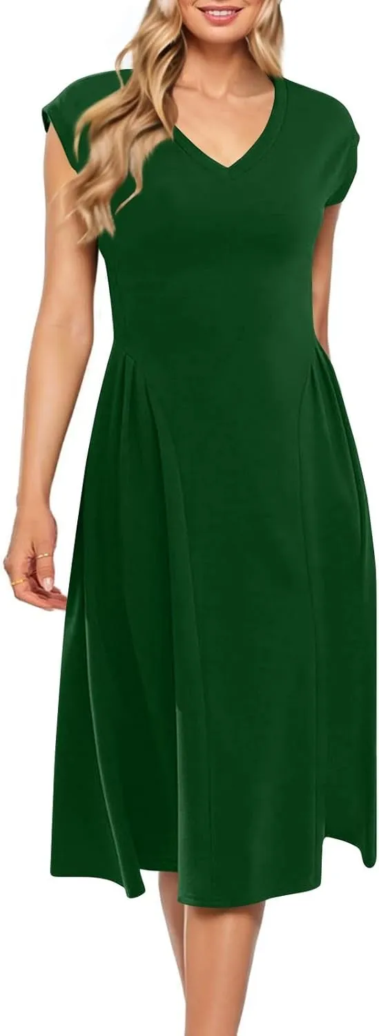 Women's Spring Dresses 2025 V Neck Cap Sleeve Solid Color Ruffle Boho Flowy Midi Beach Party Sundress Casual
