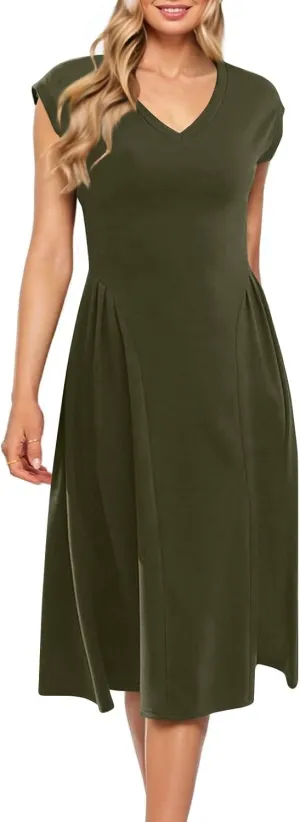 Women's Spring Dresses 2025 V Neck Cap Sleeve Solid Color Ruffle Boho Flowy Midi Beach Party Sundress Casual