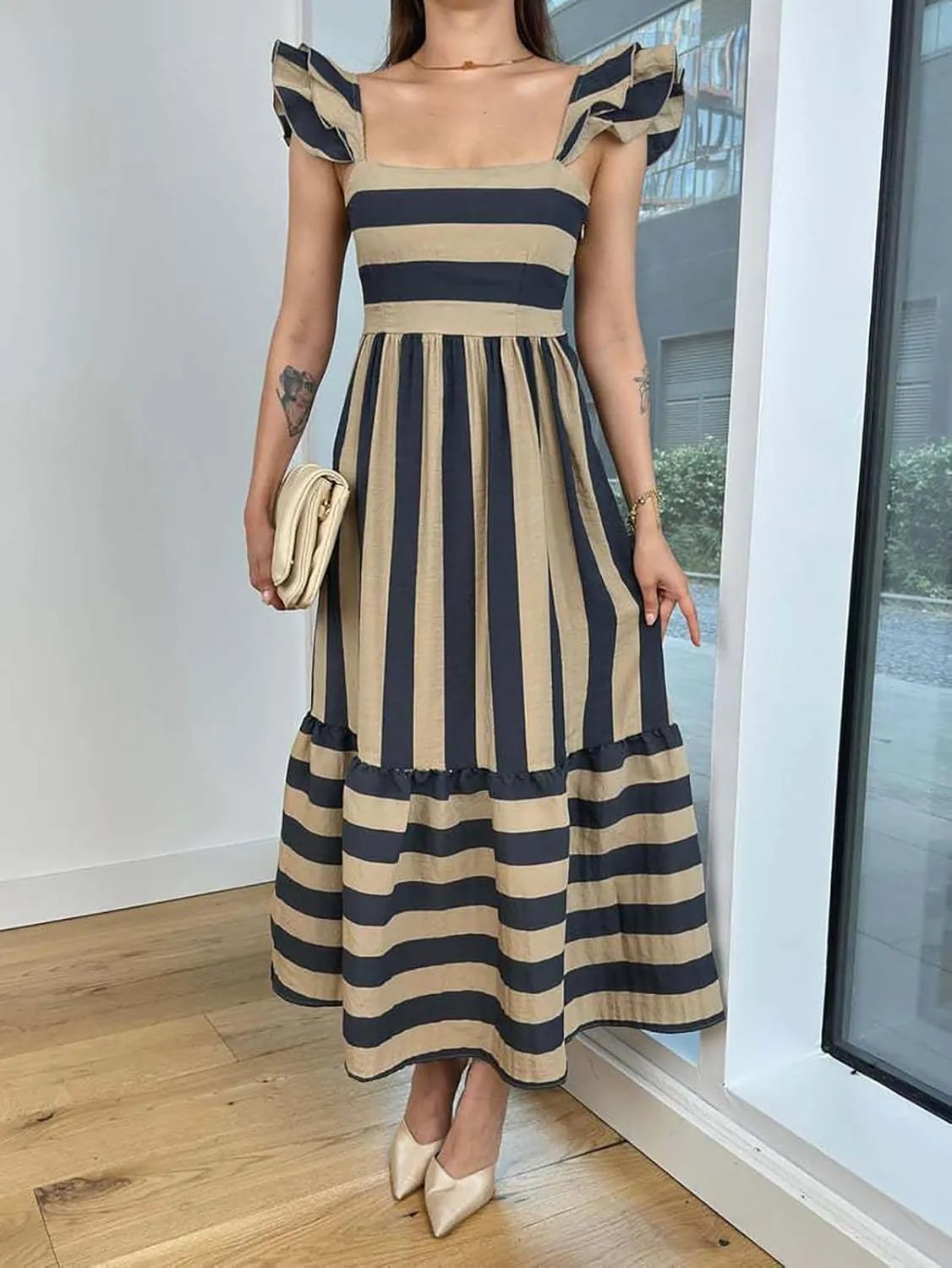 Womens Square Neck Maxi Dress Striped Ruffle Sleeveless Smocked High Waist Casual Summer Flowy Beach Sundress