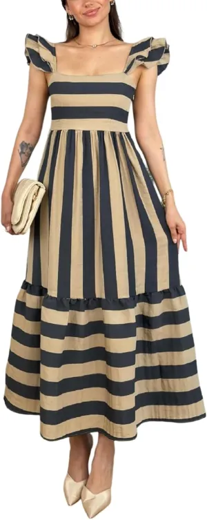 Womens Square Neck Maxi Dress Striped Ruffle Sleeveless Smocked High Waist Casual Summer Flowy Beach Sundress
