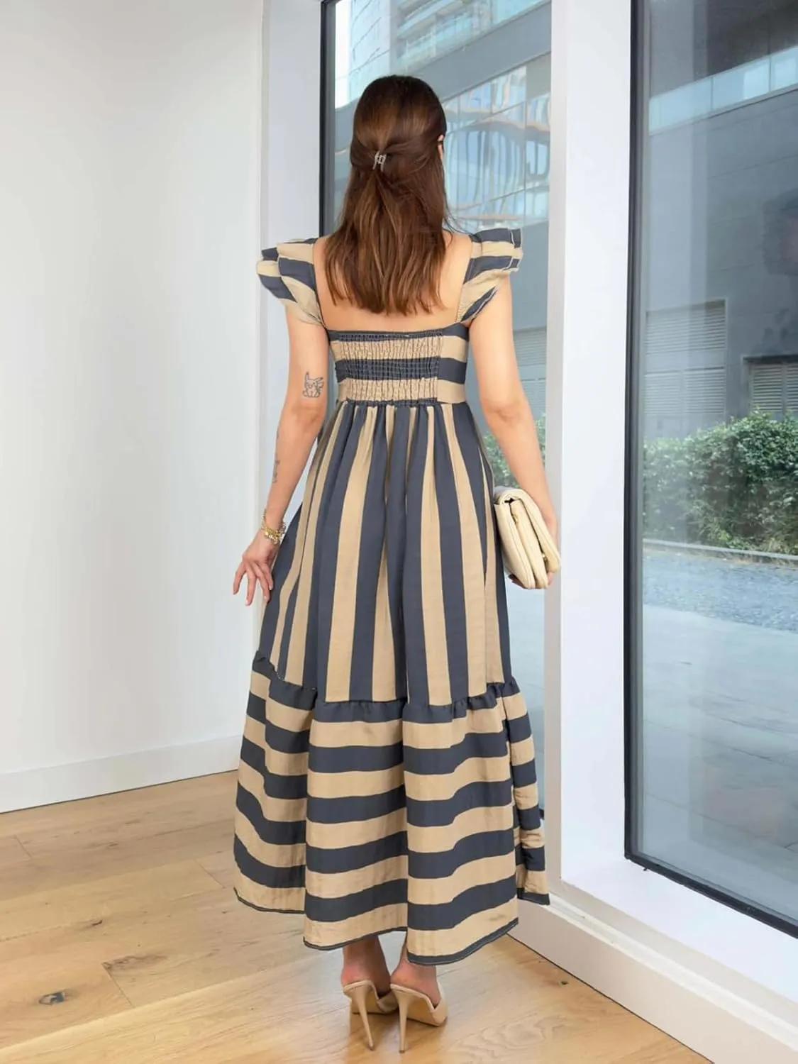 Womens Square Neck Maxi Dress Striped Ruffle Sleeveless Smocked High Waist Casual Summer Flowy Beach Sundress