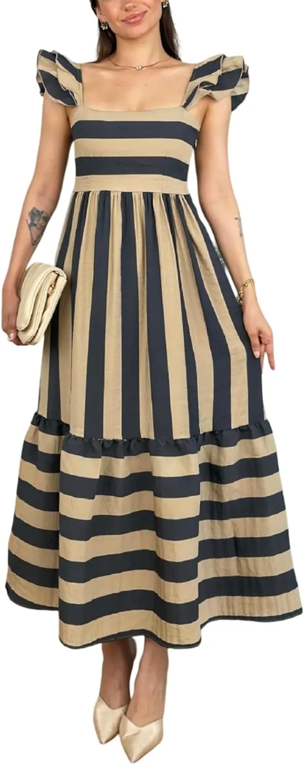 Womens Square Neck Maxi Dress Striped Ruffle Sleeveless Smocked High Waist Casual Summer Flowy Beach Sundress