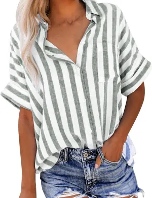 Womens Striped Button Down Shirts Cotton Linen Tunic Tops Short Sleeve Summer Blouses Beach Fashion Clothing 2025