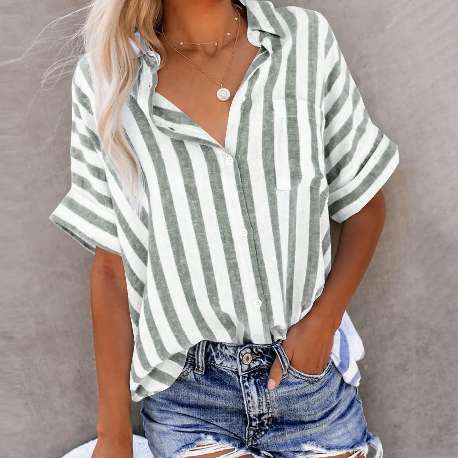 Womens Striped Button Down Shirts Cotton Linen Tunic Tops Short Sleeve Summer Blouses Beach Fashion Clothing 2025