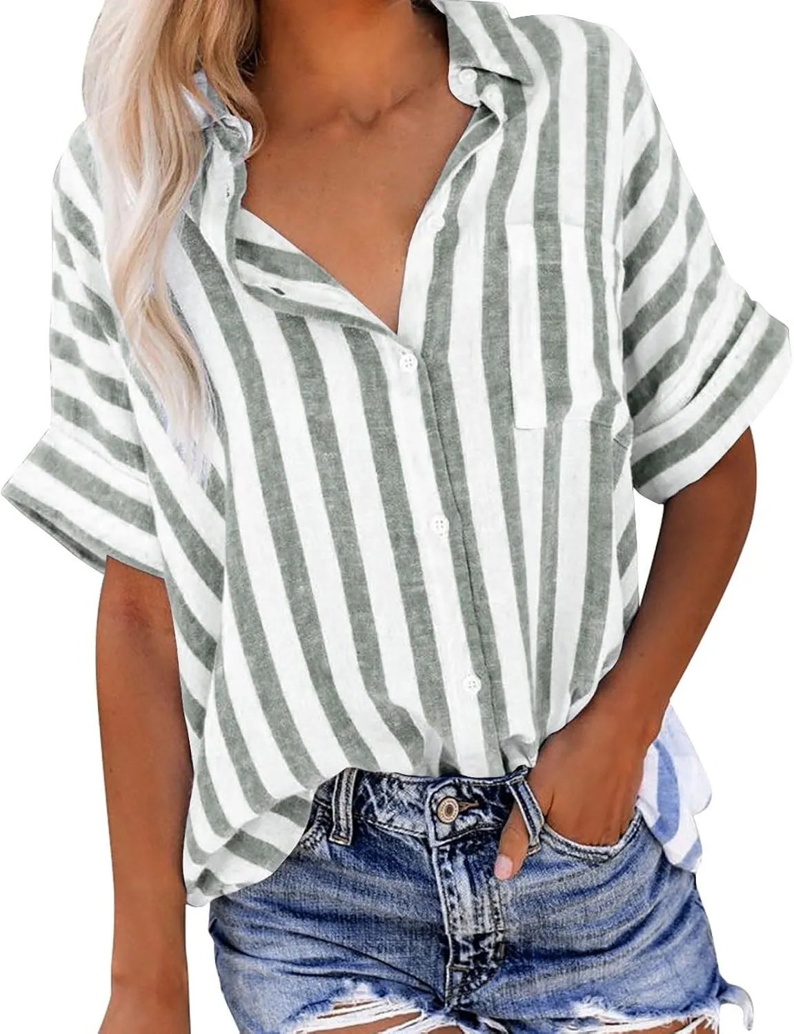 Womens Striped Button Down Shirts Cotton Linen Tunic Tops Short Sleeve Summer Blouses Beach Fashion Clothing 2025