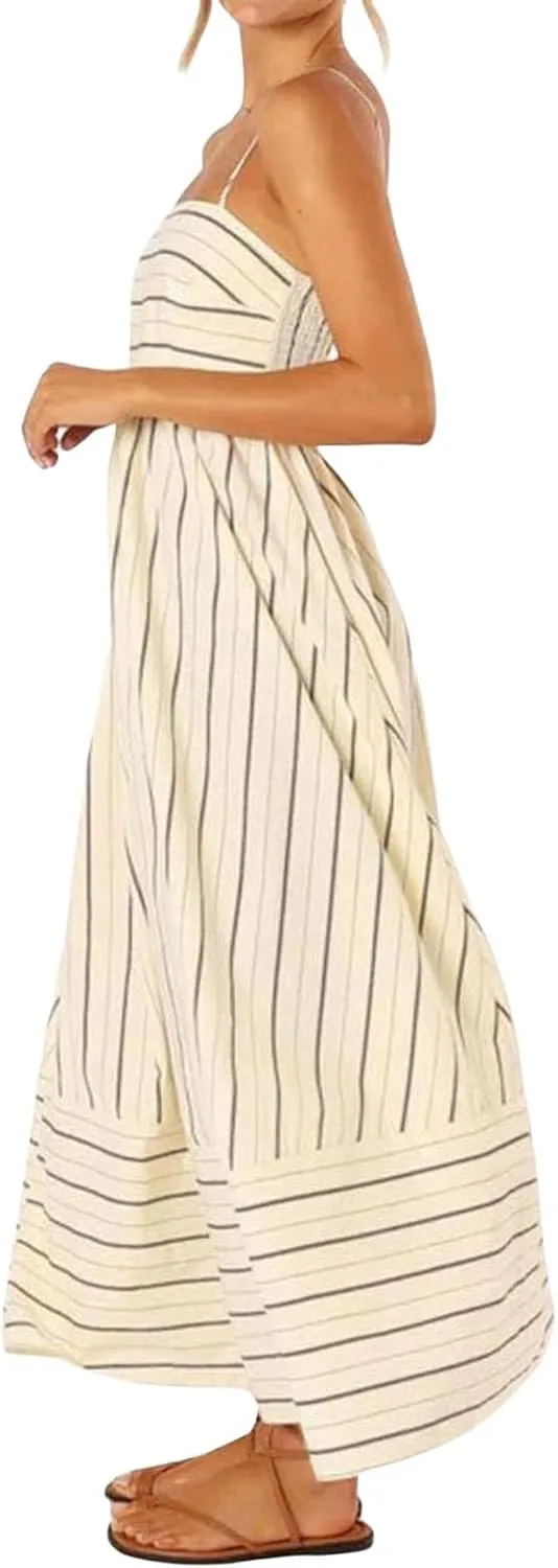 Women's Striped Halter Dress Summer Comfy Beach Sundress Midi Dresses Loose Vacation Long Skirts Casual Outfits