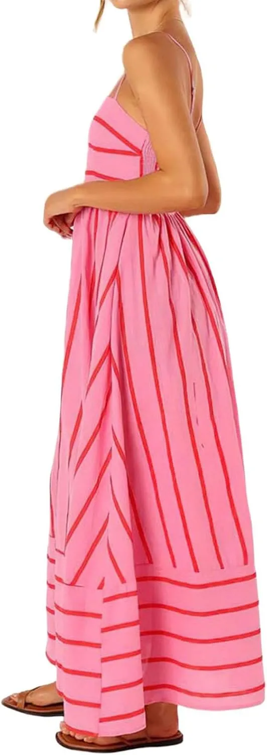 Women's Striped Halter Dress Summer Comfy Beach Sundress Midi Dresses Loose Vacation Long Skirts Casual Outfits