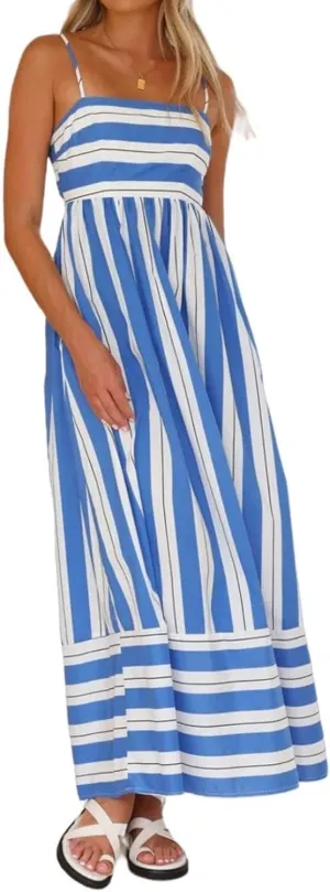 Women's Striped Halter Dress Summer Comfy Beach Sundress Midi Dresses Loose Vacation Long Skirts Casual Outfits