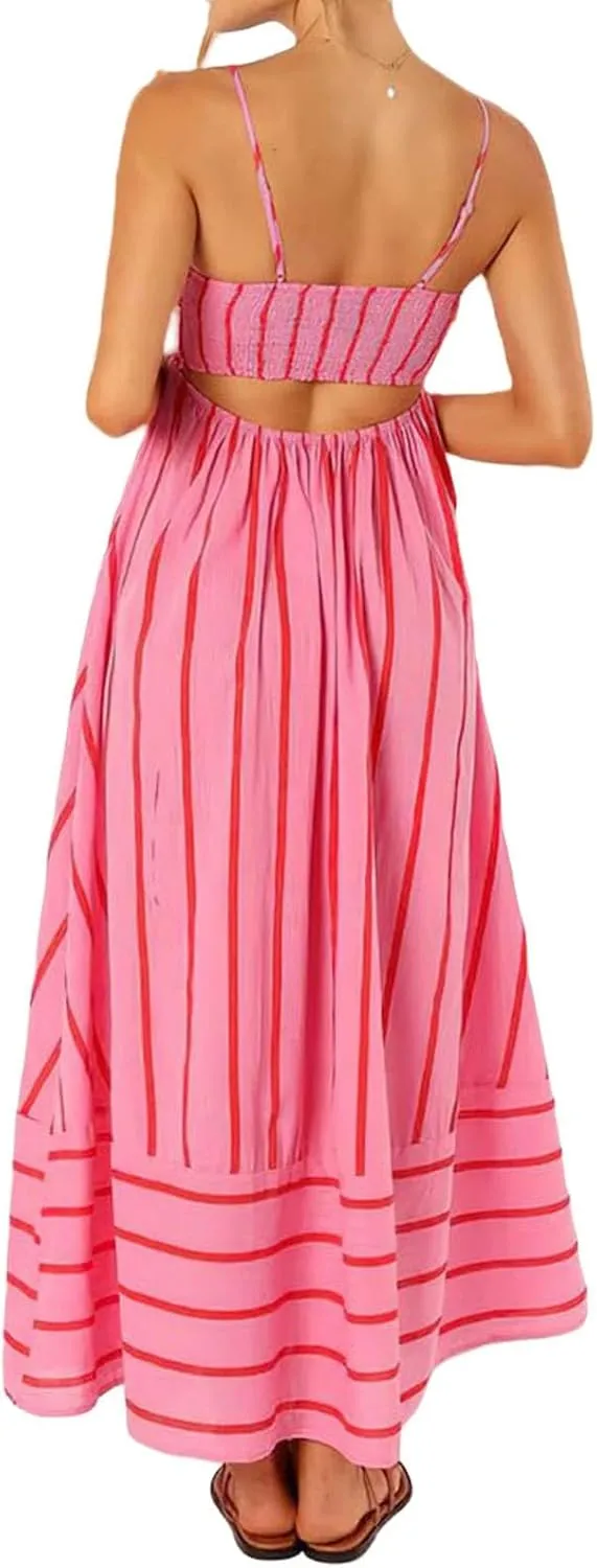 Women's Striped Halter Dress Summer Comfy Beach Sundress Midi Dresses Loose Vacation Long Skirts Casual Outfits