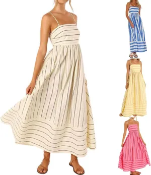 Women's Striped Halter Dress Summer Comfy Beach Sundress Midi Dresses Loose Vacation Long Skirts Casual Outfits
