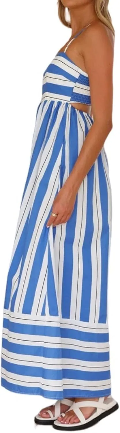 Women's Striped Halter Dress Summer Comfy Beach Sundress Midi Dresses Loose Vacation Long Skirts Casual Outfits