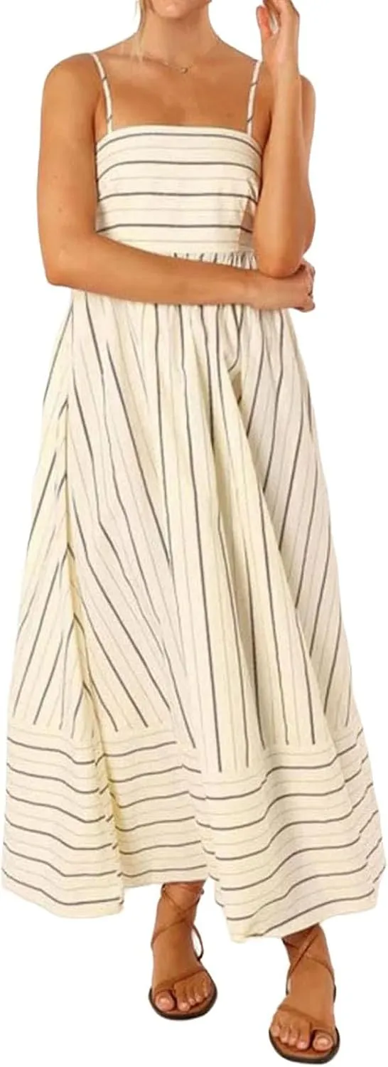 Women's Striped Halter Dress Summer Comfy Beach Sundress Midi Dresses Loose Vacation Long Skirts Casual Outfits