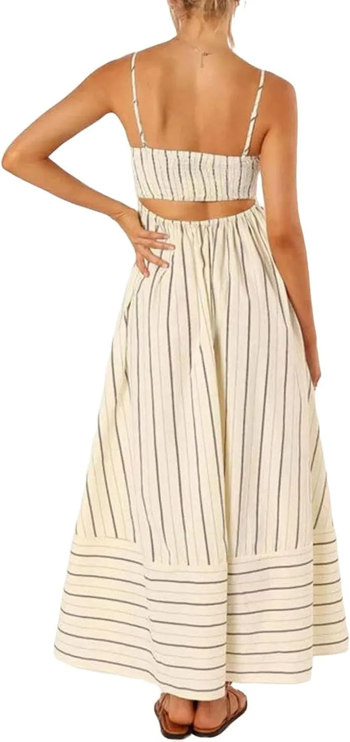 Women's Striped Halter Dress Summer Comfy Beach Sundress Midi Dresses Loose Vacation Long Skirts Casual Outfits