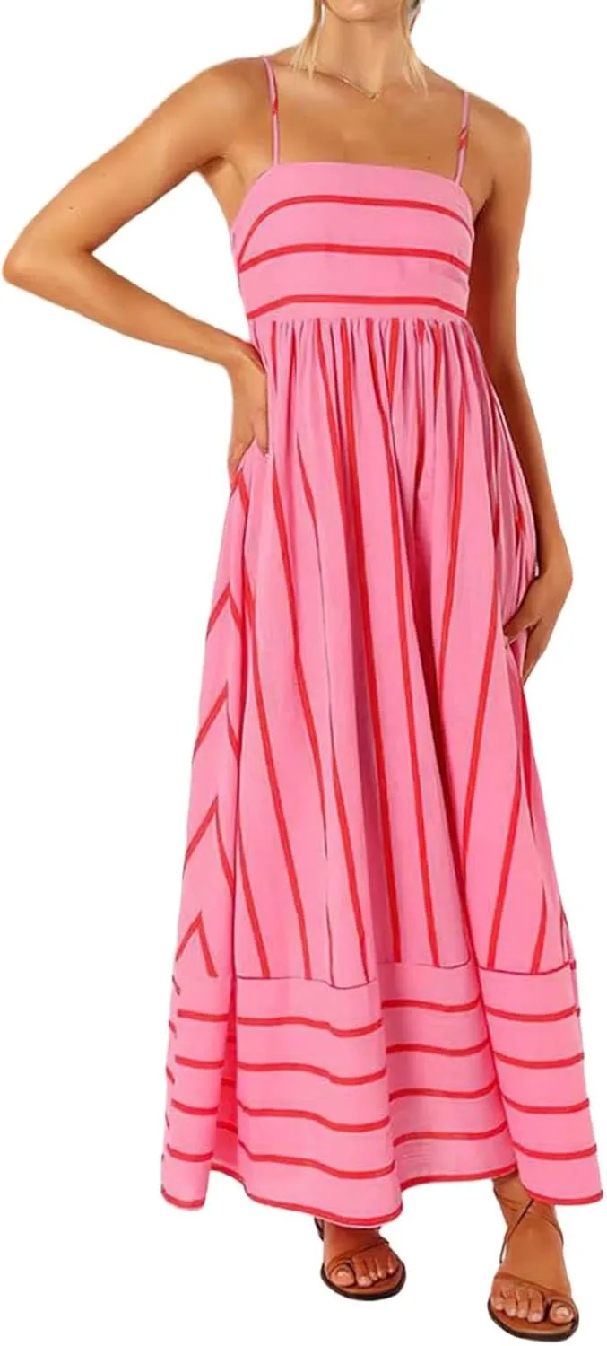Women's Striped Halter Dress Summer Comfy Beach Sundress Midi Dresses Loose Vacation Long Skirts Casual Outfits
