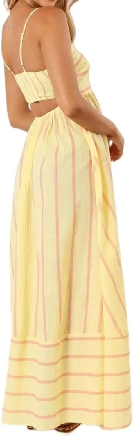 Women's Striped Halter Dress Summer Comfy Beach Sundress Midi Dresses Loose Vacation Long Skirts Casual Outfits