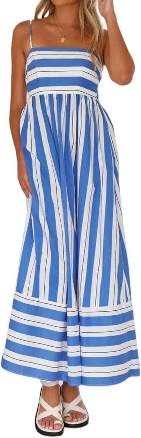 Women's Striped Halter Dress Summer Comfy Beach Sundress Midi Dresses Loose Vacation Long Skirts Casual Outfits