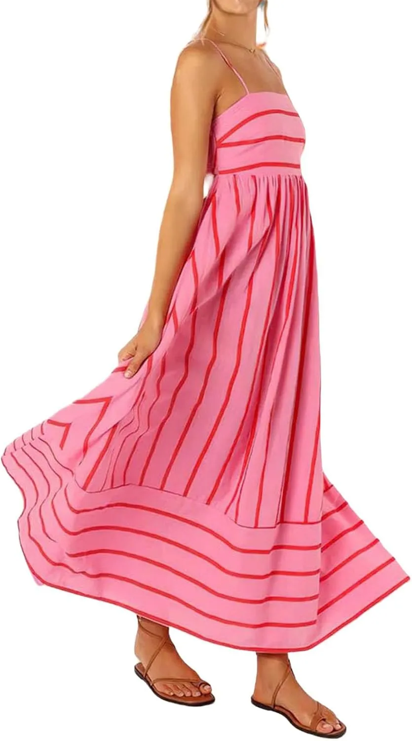 Women's Striped Halter Dress Summer Comfy Beach Sundress Midi Dresses Loose Vacation Long Skirts Casual Outfits