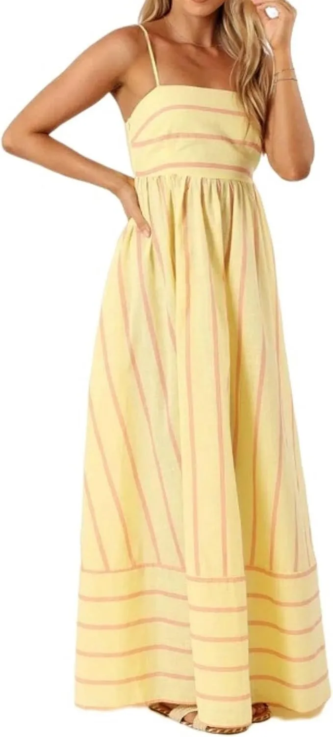 Women's Striped Halter Dress Summer Comfy Beach Sundress Midi Dresses Loose Vacation Long Skirts Casual Outfits