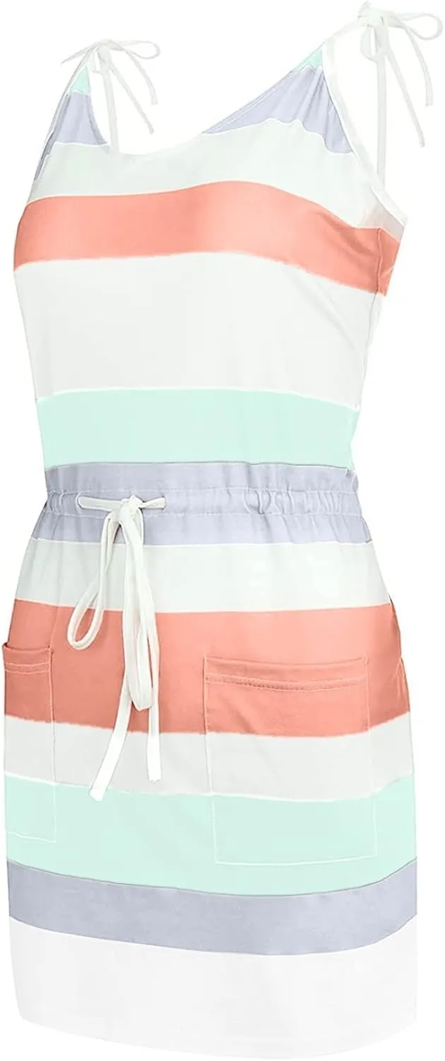 Womens Striped Sexy Mini Dresses Sleeveless Spaghetti Striped Summer Sundress Boho Beach Vacation Dress with Pockets