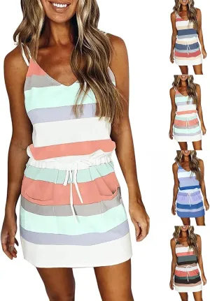 Womens Striped Sexy Mini Dresses Sleeveless Spaghetti Striped Summer Sundress Boho Beach Vacation Dress with Pockets