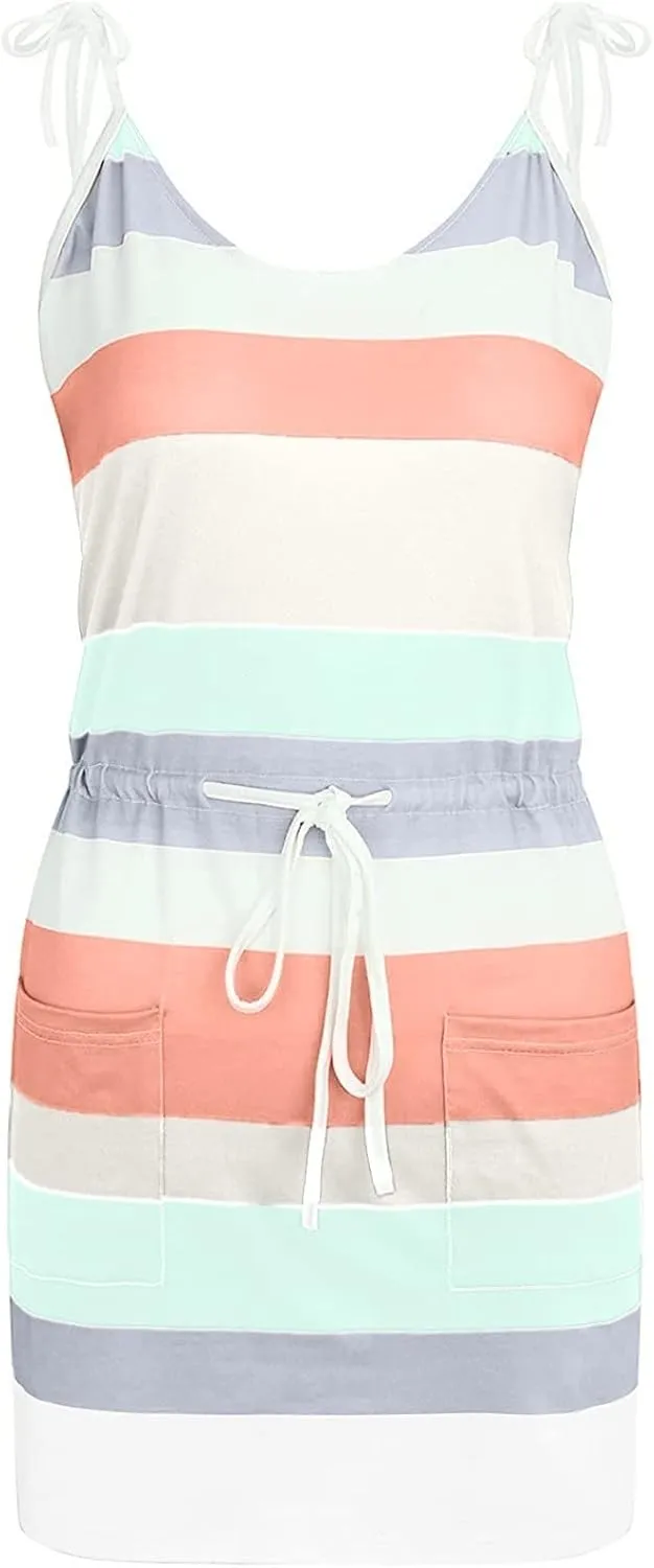 Womens Striped Sexy Mini Dresses Sleeveless Spaghetti Striped Summer Sundress Boho Beach Vacation Dress with Pockets
