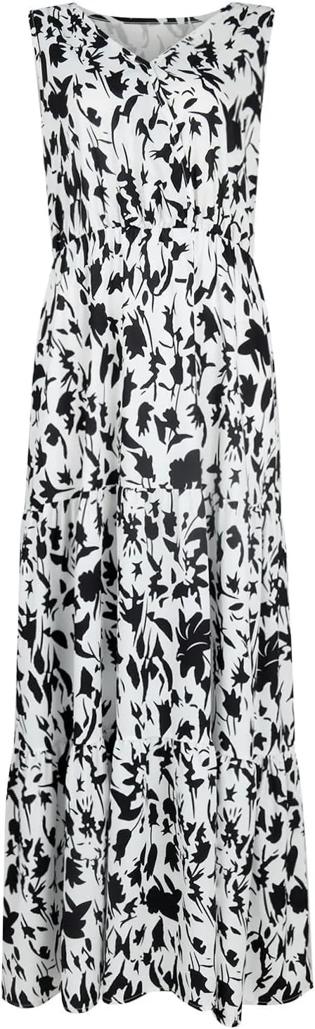 Women's Summer Casual Loose Boho Dress Sleeveless V-Neck Floral Print Vacation Travel Maxi Dresses,S-2XL