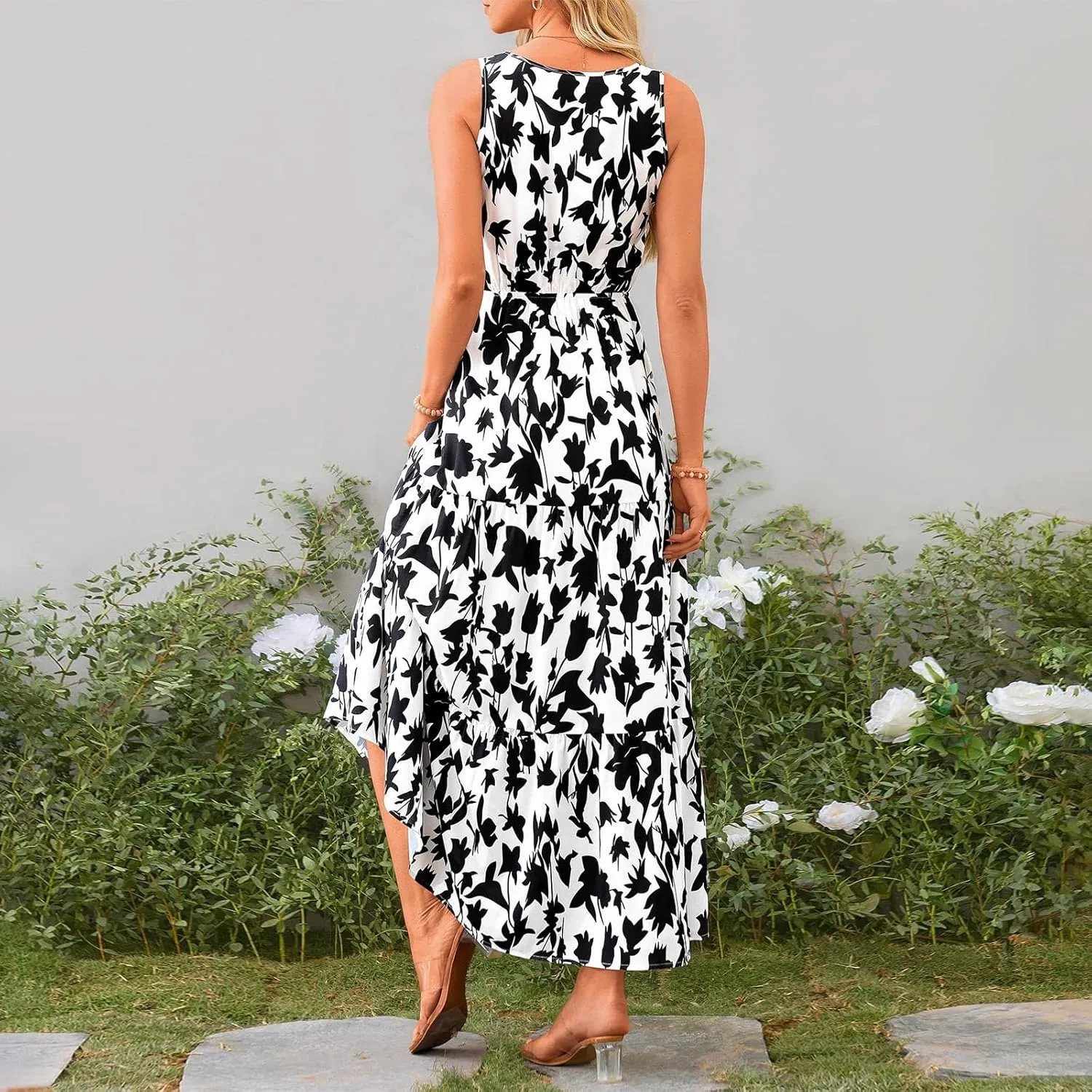 Women's Summer Casual Loose Boho Dress Sleeveless V-Neck Floral Print Vacation Travel Maxi Dresses,S-2XL