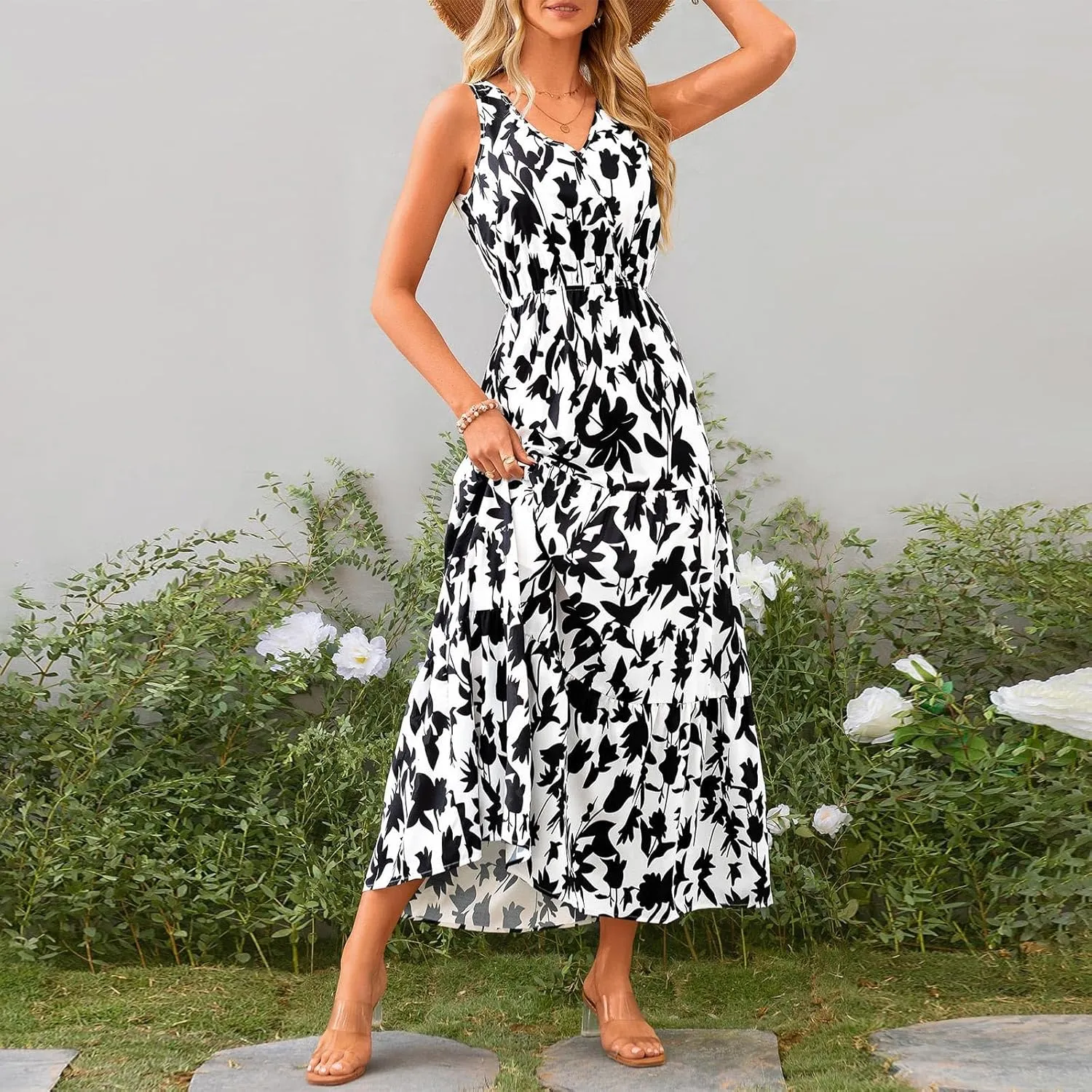 Women's Summer Casual Loose Boho Dress Sleeveless V-Neck Floral Print Vacation Travel Maxi Dresses,S-2XL