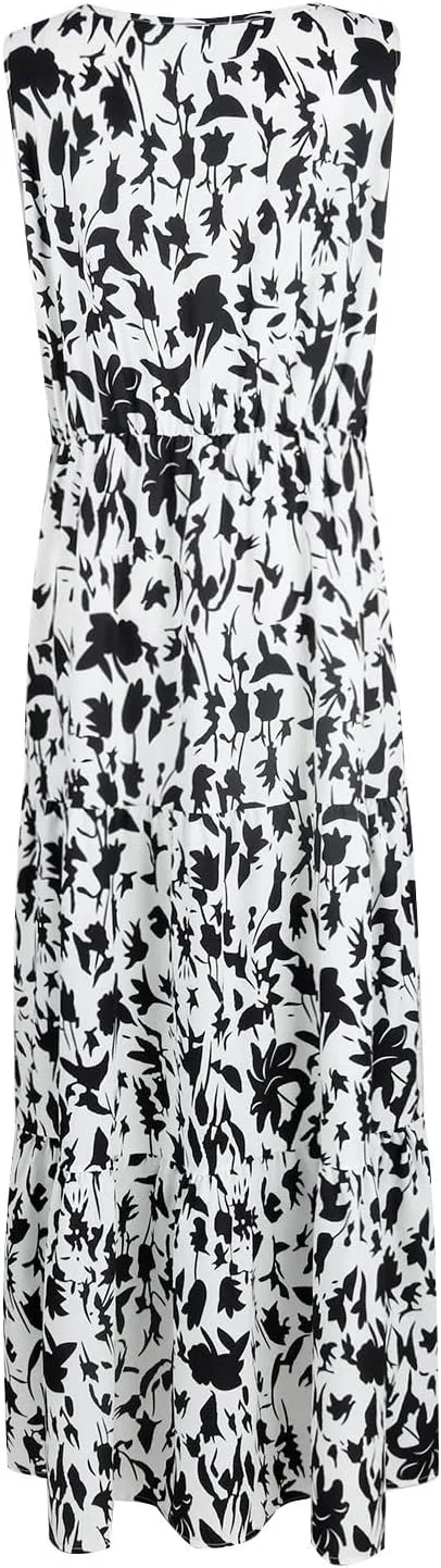 Women's Summer Casual Loose Boho Dress Sleeveless V-Neck Floral Print Vacation Travel Maxi Dresses,S-2XL