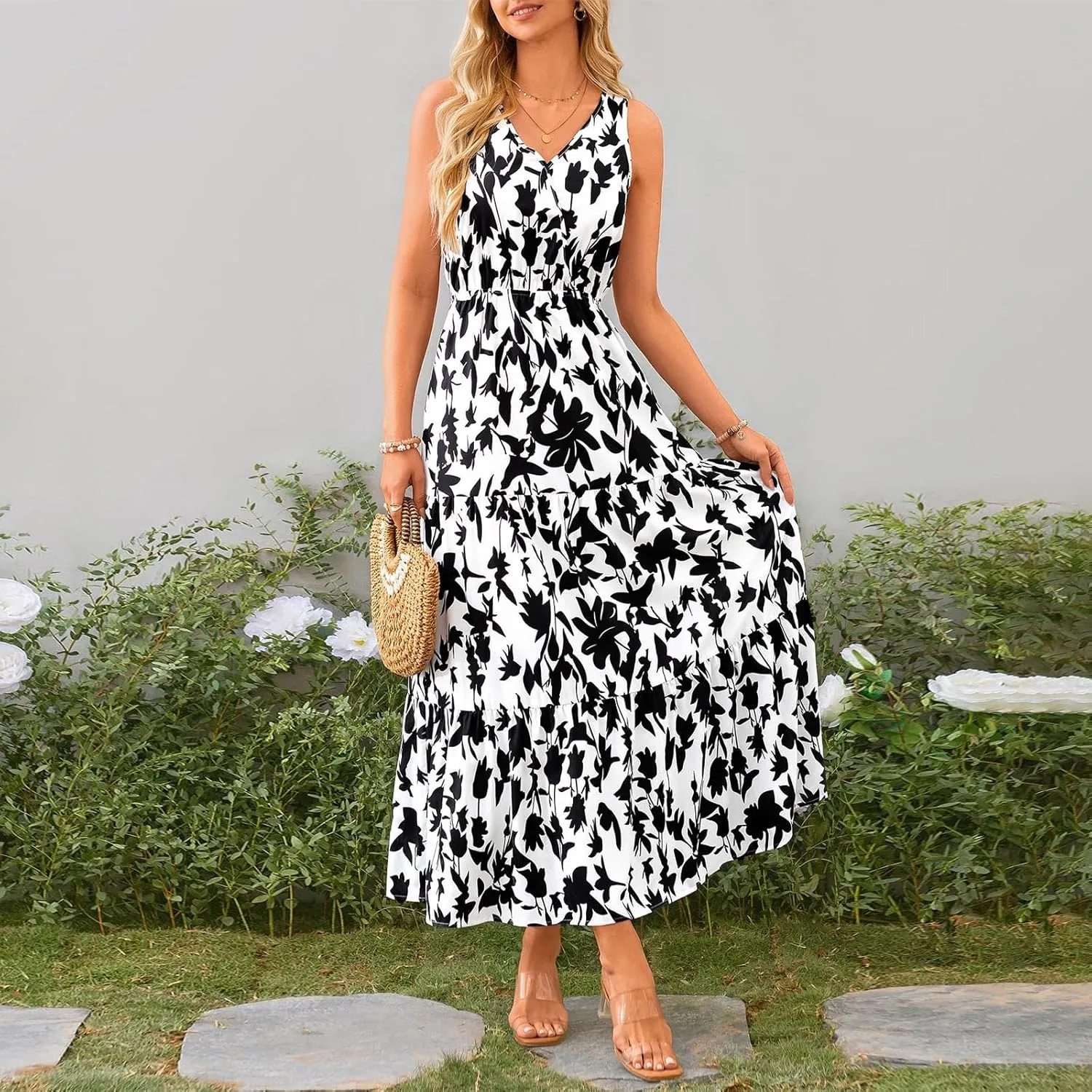 Women's Summer Casual Loose Boho Dress Sleeveless V-Neck Floral Print Vacation Travel Maxi Dresses,S-2XL