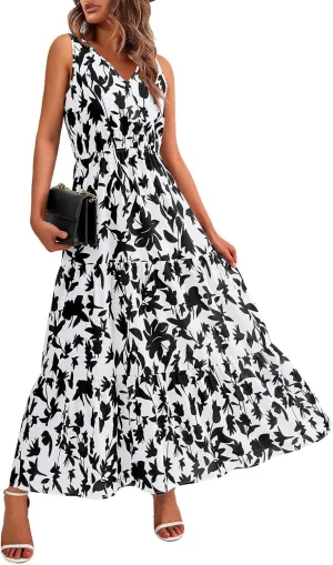 Women's Summer Casual Loose Boho Dress Sleeveless V-Neck Floral Print Vacation Travel Maxi Dresses,S-2XL