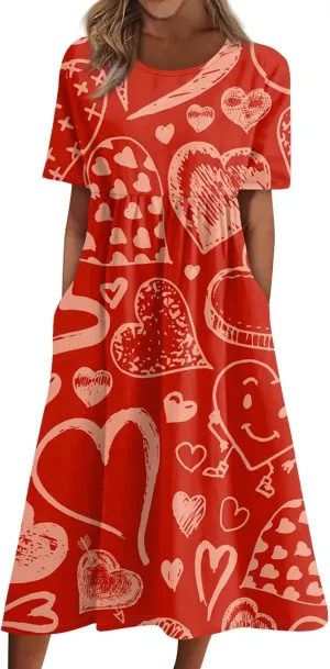 Women's Summer Casual Loose Trendy Dress Round Neck Short Sleeve Heart Print Maxi Dresses