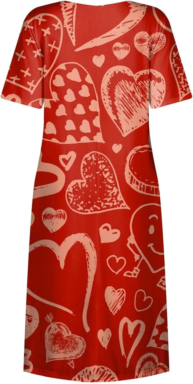 Women's Summer Casual Loose Trendy Dress Round Neck Short Sleeve Heart Print Maxi Dresses