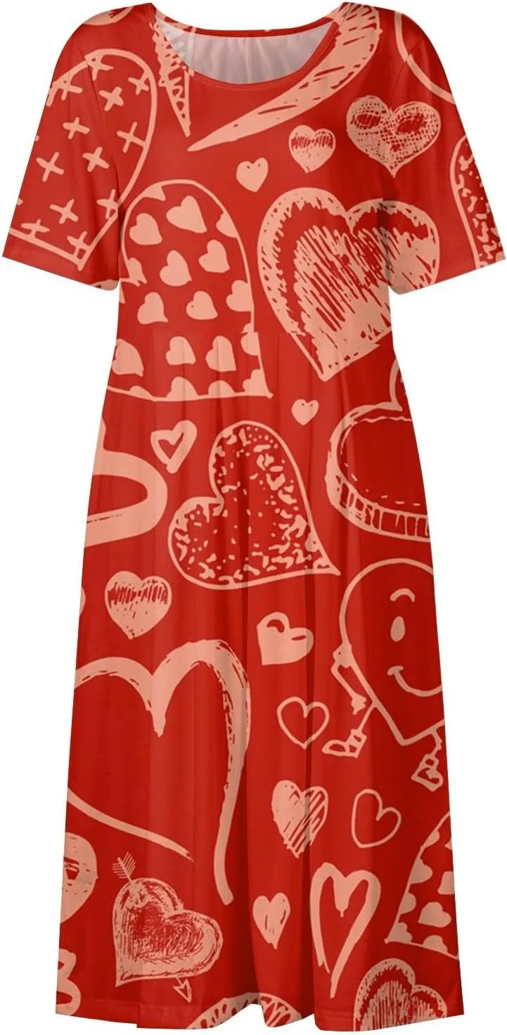 Women's Summer Casual Loose Trendy Dress Round Neck Short Sleeve Heart Print Maxi Dresses